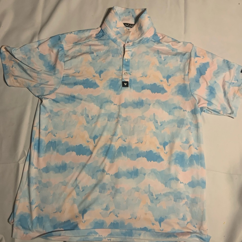 Bad Birdie Men's Patterned Polo Shirt in Light Blue & Pink